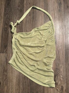 SHEIN Light Sage One-Shoulder Ruched Halter Crop Top